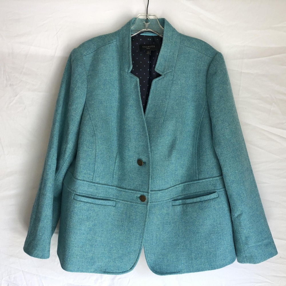 Talbots Blazer Womens 14W Blue Wool Blend Peplum Two Button Lined Career Jacket